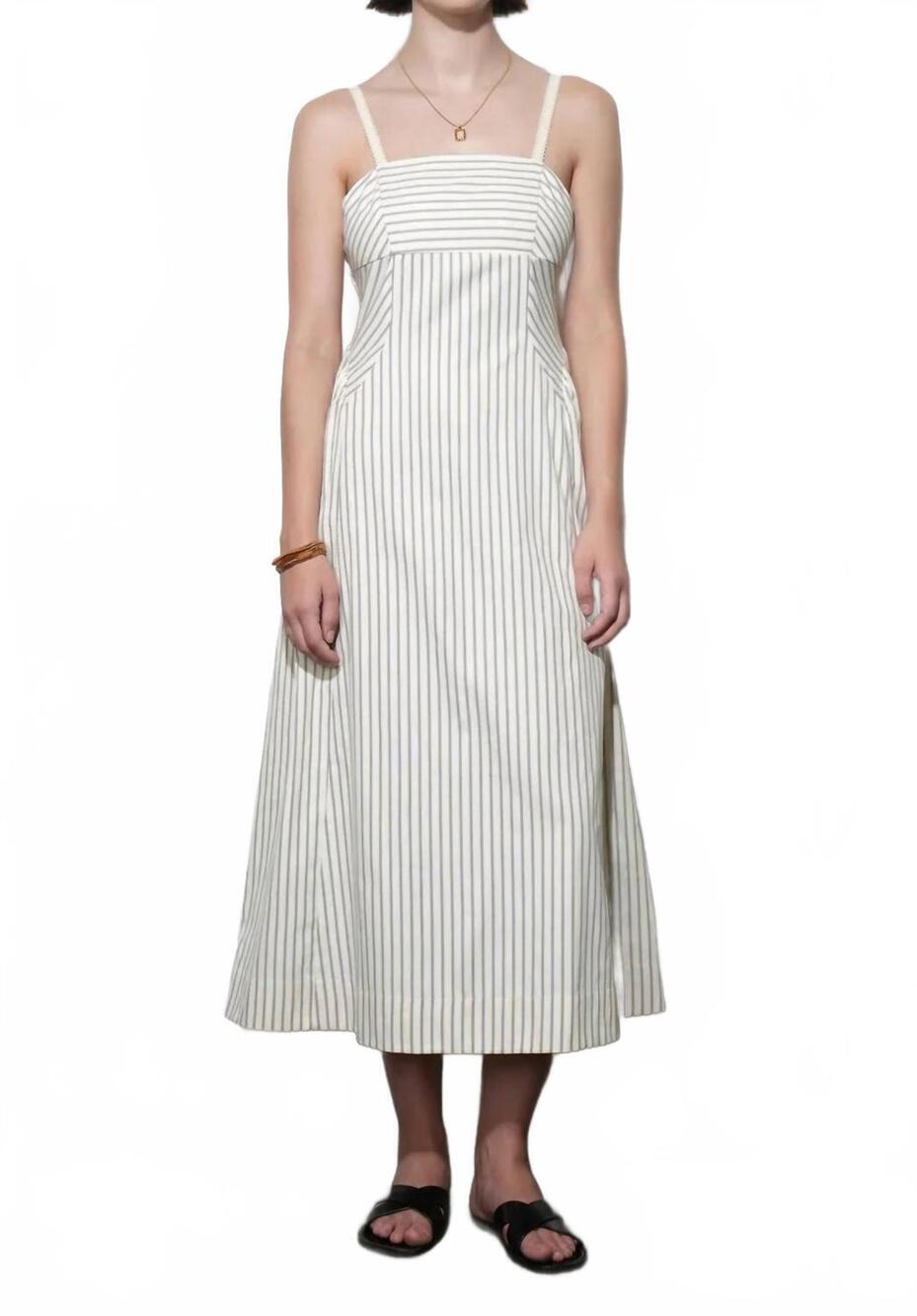 NEW GREYLIN lyla gathered side sleeveless stripe midi dress in cream